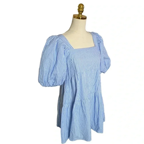 NASTY GAL | Striped Blue/White Puff Sleeve Oversized Mini Shift Dress Size 4 - Picture 6 of 9